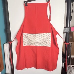Vtg Handmade Red Apron with Floral Pocket – Adjustable‎ Neck – Kitchen Apron